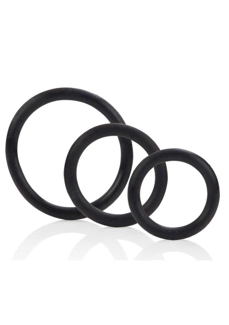 3 piece black rubber cock rings. Can be used for penis and scrotum. Small: 1 3/8 inch