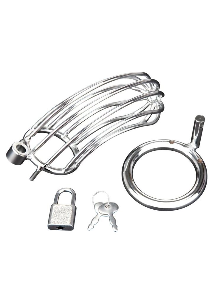 The Prisoner Cock Cage Chastity Device offers the best of comfort and security. The rings consist of three interlocking pieces that fit together. The two guide pins hold the top pieces together. The oval locking pin goes through the middle recessed hole connecting the cage portion to the ring. Assorted size rings and spacers included in each package allow you to customize fit. Restricts you from touching your genitals for sexual pleasure and gives the keyholder control over the sexual fulfillment.