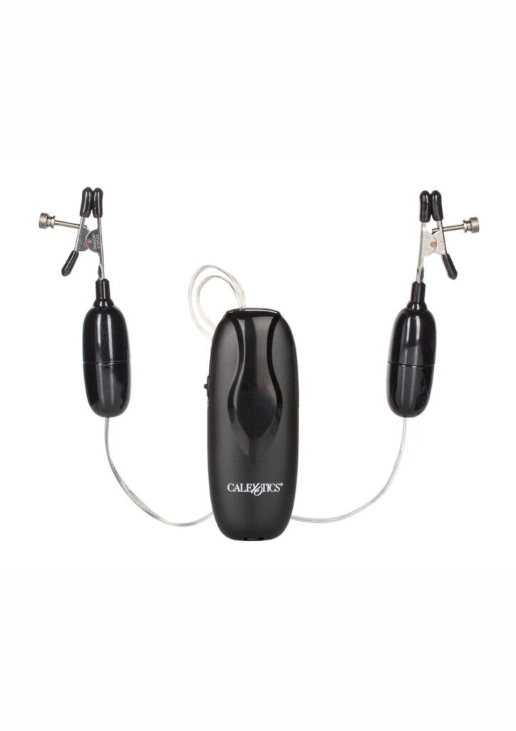 Tease your nipples with these outrageously powerful stimulators. Prepare yourself for the reverberating pleasures that this highly charged arouser will produce. Activate the vibrating rubber dipped clamps and adjustable tension. 2 AA batteries (not included).