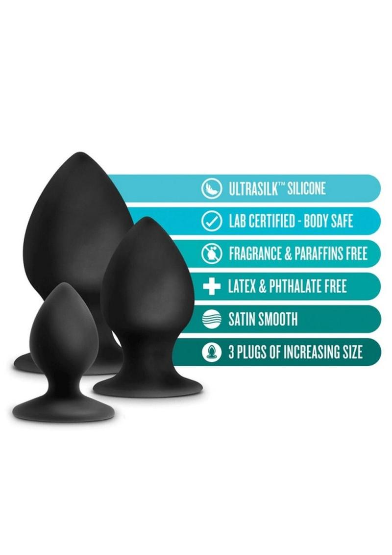 Anal Adventures Platinum Silicone Anal Stout Anal Plug Kit (Set of 3) - Black - Image 4