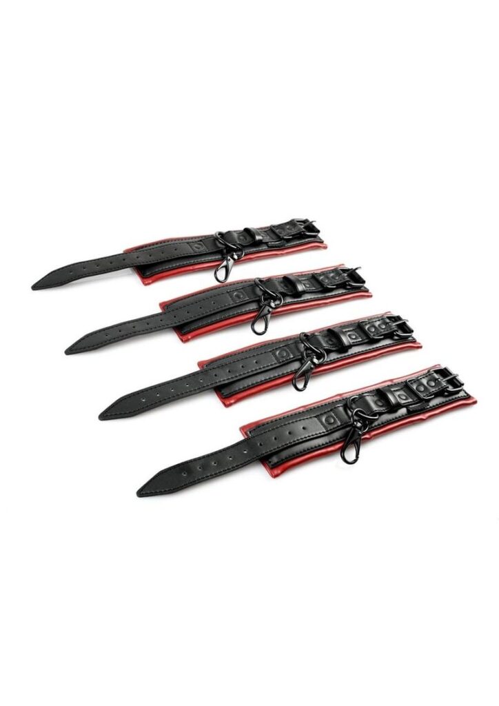 Act out your naughtiest power play fantasies with the Saffron Spreader Bar and Cuff Set. Four faux leather