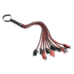 Each of this cat-o`-nine-tails faux leather flogger`s thick braided falls ends in a tip reminiscent of riding crops