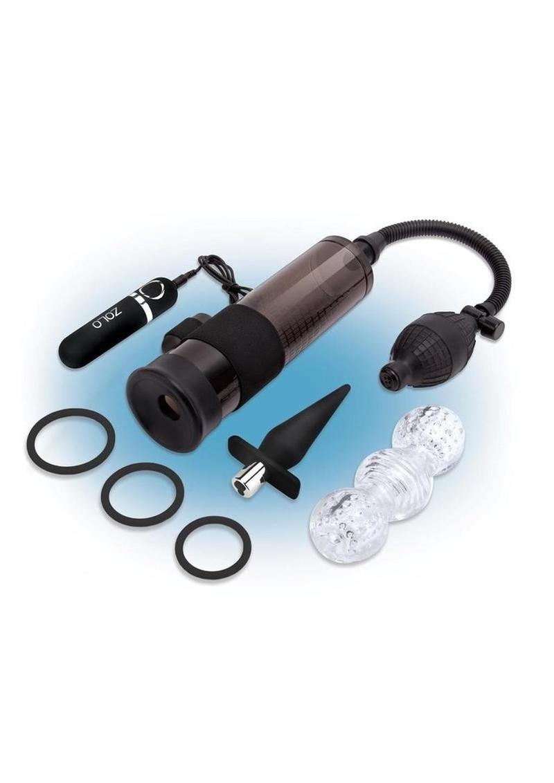 The 6 Piece Ultimate Performance Set from ZOLO contains all of the essentials for an unforgettable experience.Start with the penis pump that has an attached vibrating bullet for improved size