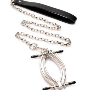 This durable Pussy Tugger is built to last! The vaginal clamp and the chain of the leash are made of iron and zinc alloy. The clamp is fully adjustable. There are 2 small screws on either side of the clamp to adjust both the top and bottom of each side. The small