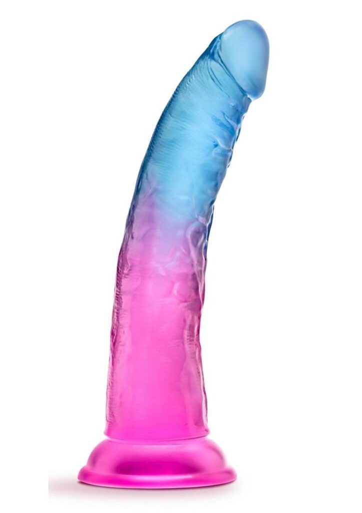 B Yours Beautiful Sky is a beautiful and realistic dildo with a sturdy suction cup base that holds to any smooth flat surface for solo time! Or partner up for strap-on harness fun! This gorgeous design has a gradient effect that truly brings some color to your playtime. This exceptional dildo is perfectly sized