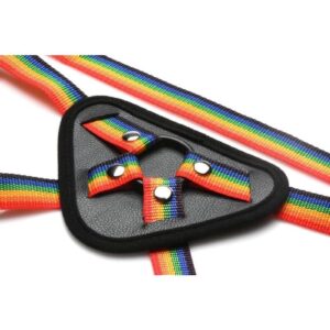 Add this colorful harness to your Pride collection or keep the rainbow theme going if you already have many rainbow or color-packed toys! This harness is for universal wear and is fully adjustable. Use the nylon straps and plastic buckles to tighten or loosen for a comfortable and secure fit that can change as much as you and your strapon dildos do! Each new dildo may offer more or less weight so you can adjust as is needed