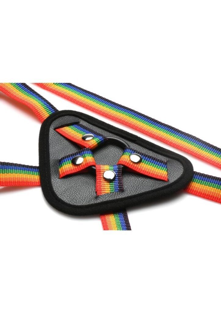 Add this colorful harness to your Pride collection or keep the rainbow theme going if you already have many rainbow or color-packed toys! This harness is for universal wear and is fully adjustable. Use the nylon straps and plastic buckles to tighten or loosen for a comfortable and secure fit that can change as much as you and your strapon dildos do! Each new dildo may offer more or less weight so you can adjust as is needed