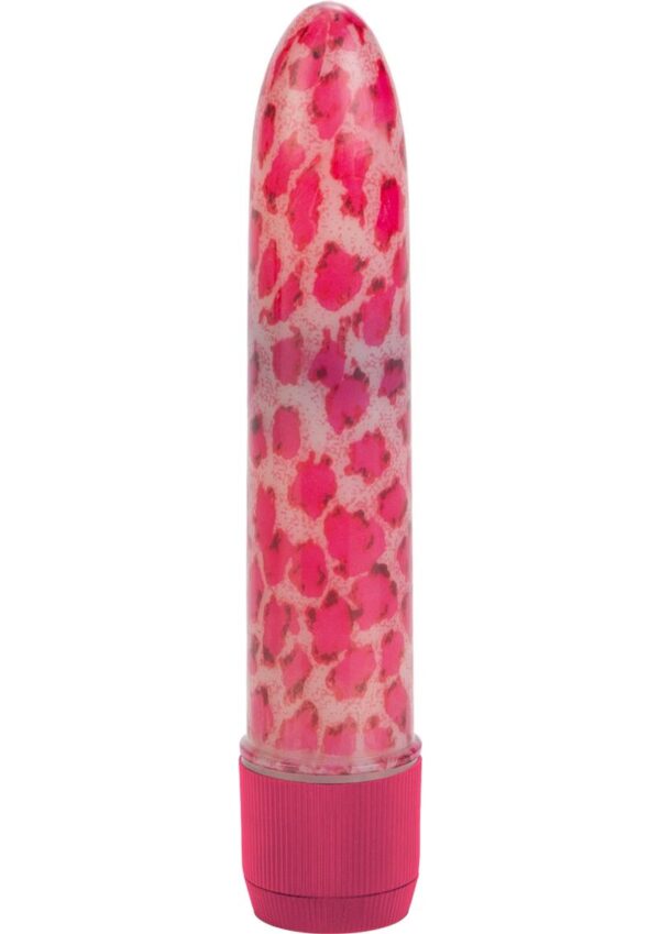 Waterproof multi-speed massager in beautiful color of pink with sensual leopard spots. Requires 2 C batteries
