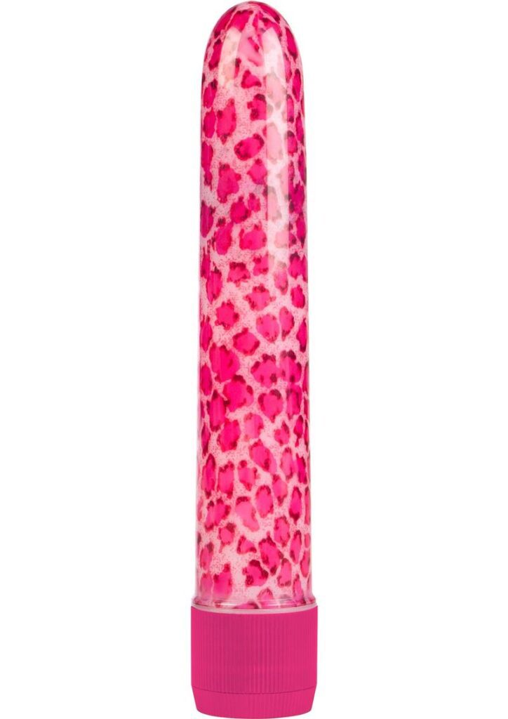 Waterproof multi-speed massager in beautiful color of pink with sensual leopard spots. Requires 2 C batteries