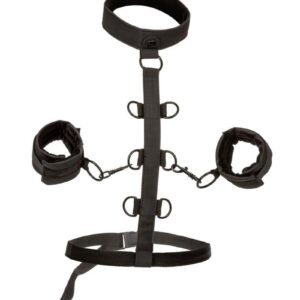 Heavy duty collar with universal cuffs and adjustable restraints. Reversible design to wear in front or back. Soft and plushy interior with vegan leather exterior. Detachable cuffs for independent use. Universal clasps