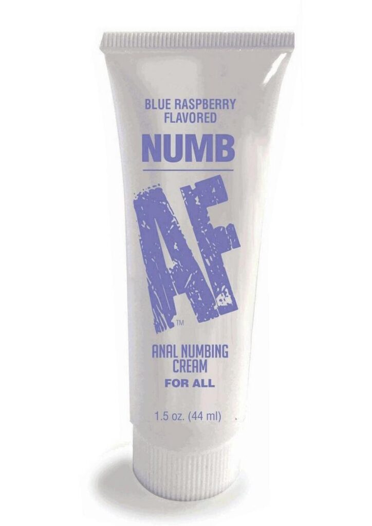 NUMB AF will make your anal experience more pleasurable. Numb AF is a blue raspberry-flavored anal-numbing cream; the formulation relaxes the muscles and numbs the nerves for greater comfort during anal play. Safe to use with toys as you build up to the anal experience you desire. Apply a dime size gel to the anal opening and wait 3-5 minutes before engaging in anal play. Reapply as needed. Numb AF helps to take the anxiety out of anal play so you can focus on the pleasure of the experience. Please note that Numb AF is not a lubricant and should be used with your preferred personal lubricant. Numb AF has six delicious flavors: Blue Raspberry