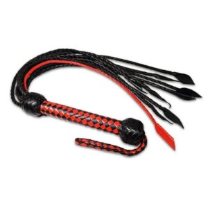 This meticulously crafted flogger features a short handle for precise control and a striking design that blends bold red and intense black hues.  Its multiple tails