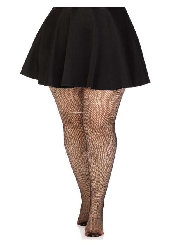 Leg Avenue Fishnet Crystalized Tights with Multi-Sized Iridescent Rhinestones - Plus Size - Black - Image 4