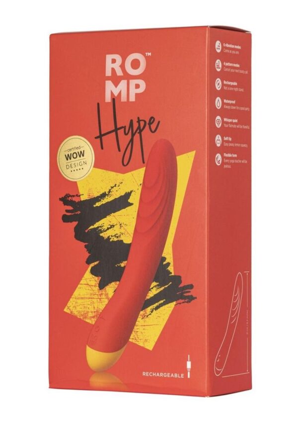 this G-Spot vibrator targets your pleasure center with 6 vibration modes and 4 vibration patterns. ROMP Hype is made from skin-friendly tender touch silicone. Itandrsquo;s IPX7 waterproof and rechargeable so ROMP Hype is always ready for fun!