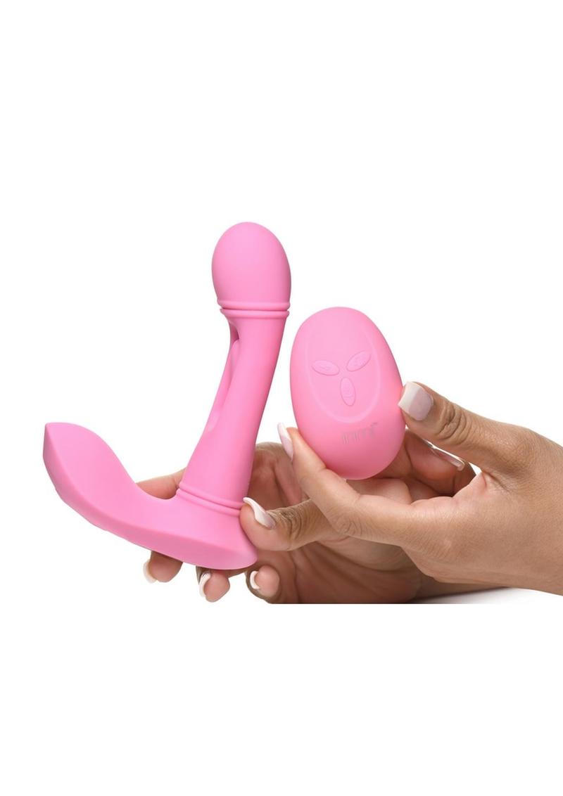 so you can indulge in even more stimulating sensations! Enjoy another 3 speeds and 9 patterns of vibration that you can feel throughout the shaft and along the base as it rubs against your little bud. Control it all with the battery-operated remote from up to 26 feet away! The toy is made out of premium quality