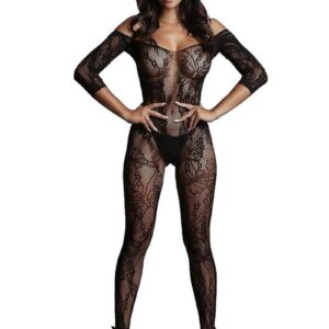 Longsleeved bodystocking with lace pattern and open crotch. Can be worn on or off-shoulder. This bodystocking has some stretch and can be worn from size S to L.