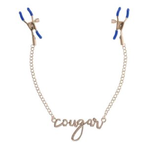 Dare to bare it all and add a touch of thrill to your play with the Cougar Nipple Clamps. These elegant clamps feature a luxurious gold chain with the word Cougar written in cursive between them