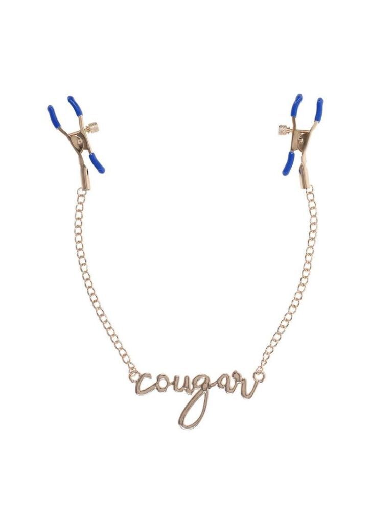 Dare to bare it all and add a touch of thrill to your play with the Cougar Nipple Clamps. These elegant clamps feature a luxurious gold chain with the word Cougar written in cursive between them