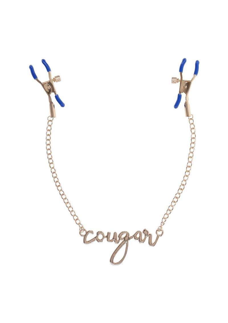 Dare to bare it all and add a touch of thrill to your play with the Cougar Nipple Clamps. These elegant clamps feature a luxurious gold chain with the word Cougar written in cursive between them