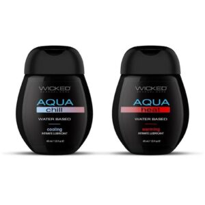 Sensations Kit - 1 each Aqua Chill 1.5oz and Aqua heat 1.5oz Aqua Chill Description: Experience the ultimate cooling sensation from Wicked Aqua Chill personal lubricant. This carefully crafted water-based lubricant is designed to keep you cool