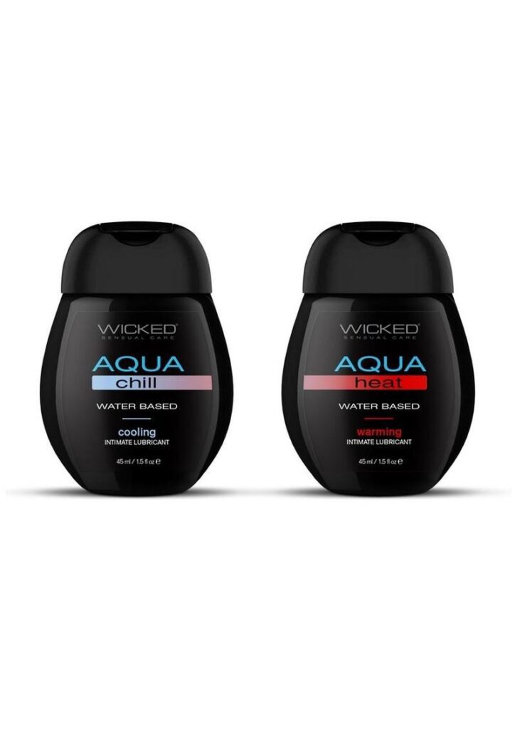 Sensations Kit - 1 each Aqua Chill 1.5oz and Aqua heat 1.5oz Aqua Chill Description: Experience the ultimate cooling sensation from Wicked Aqua Chill personal lubricant. This carefully crafted water-based lubricant is designed to keep you cool