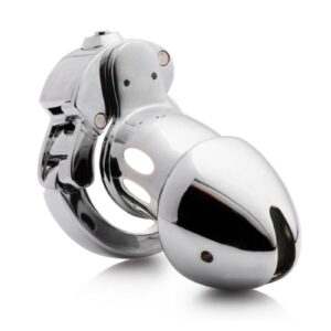 shower-friendly metal. Adjustable Base Ring: Get a custom size with this adjustable base ring. Choose between 1.6 to 2 inches in diameter! Keys Included: Includes 2 keys so there`s one for the caged and one for the Keyholder. Push-lock technology is used to provide a reliable lock. Cum-Thru Tip: Enjoy long-term chastity with a tip that you can urinate through.  Step up your chastity game with our top-quality metal device. Crafted from smooth