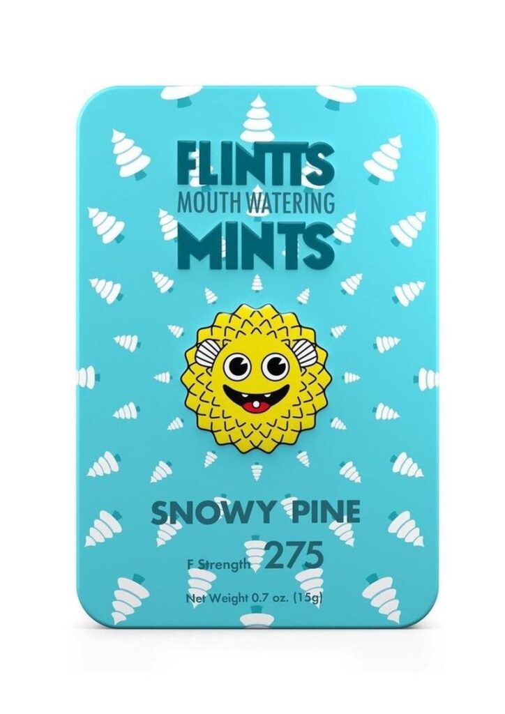 Flintts Mints are quick-dissolving mints that make your mouth water in order to combat Dry Mouth. Also quite useful when preparing for oral fun! Snowy Pine is a limited holiday run to bring the winter refreshemnt to your mouth! Made with real pine extract creating stimulating sparkle that awakens. Snowy Pine is aromatic resinous