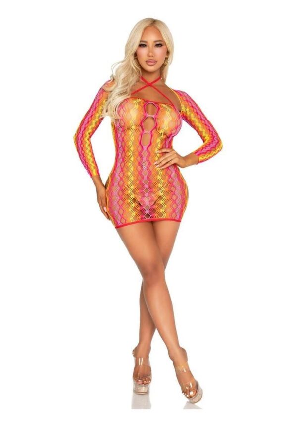 Leg Avenue Zig Zag Net Twist Halter Mini Dress with Keyhole Detail and Shrug (2 Piece) - Multi Color - O/S - Image 4