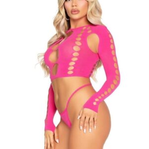 2 PC Seamless cut out long sleeve crop top and g-string panty O/S