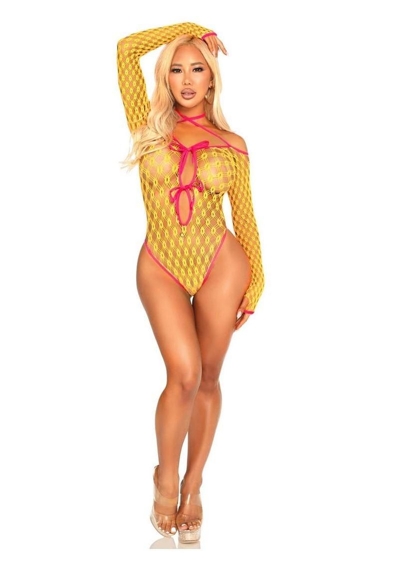 Leg Avenue Eyelet Net Teddy with Tie-Front Keyhole Detail - O/S - Image 4