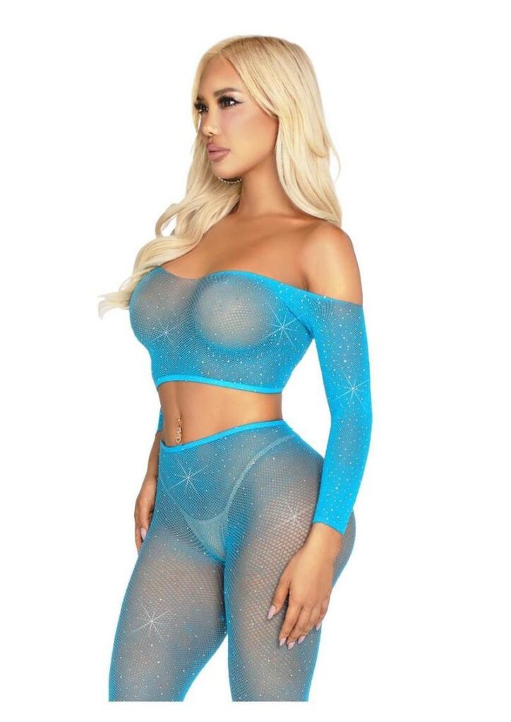Rhinestone Fishnet Crop Top and Footless Tights Neon Blue O/S