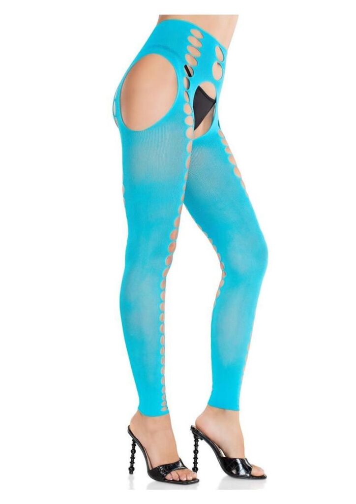 Seamless Opaque Cut-Out Footless Suspender Hose Turquoise O/S
