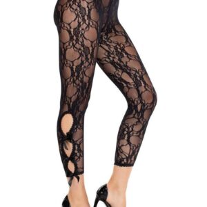 Scalloped Trimmed Floral Lace Footless Capri Tights with Keyhole Bow Detail Black O/S