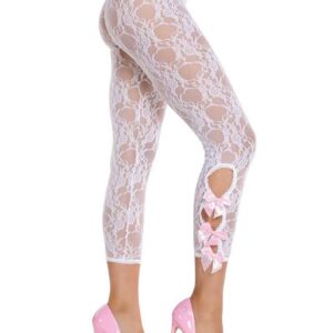 Scalloped Trimmed Floral Lace Footless Capri Tights with Keyhole Bow Detail White O/S