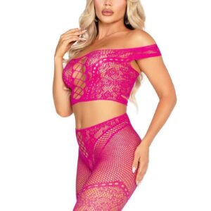 2 PC Net and Lace Off-the-Shoulder Crop Top and Footless Tights Magenta O/S