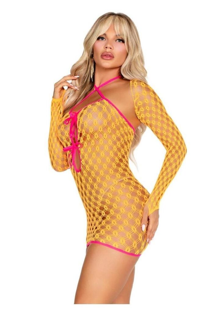 2 PC Eyelet Net Mini Dress with Tie-Front Keyhole Detail and Shrug O/S