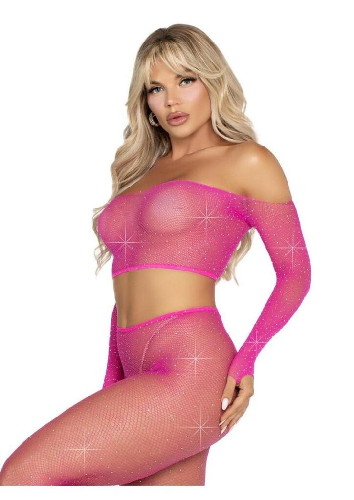 Rhinestone Fishnet Crop Top and Footless Tights Neon Pink O/S