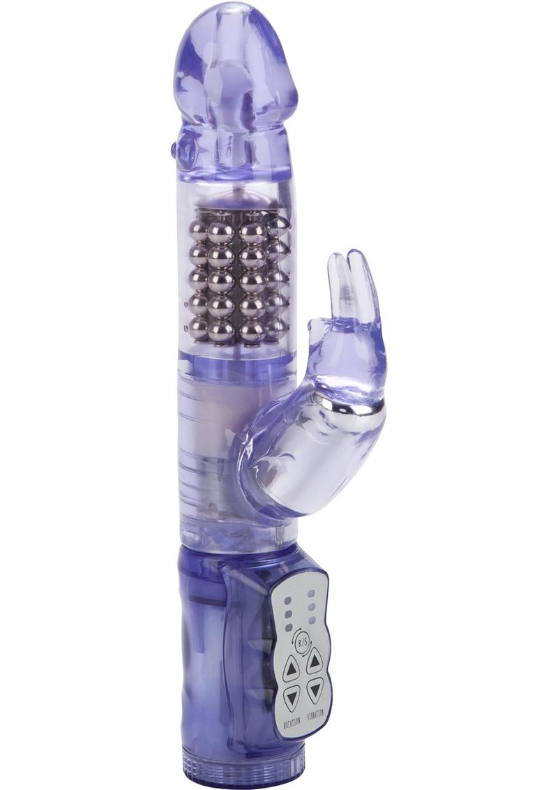 The Waterproof Jack Rabbit is made of soft jelly. The able length of the penis shaped shaft is 5.25 with a diameter of 1.625. The shaft has five rows of rotating synchronized internal beads. The clit teasing rabbit has a powerful internal bullet. With soft flickering ears