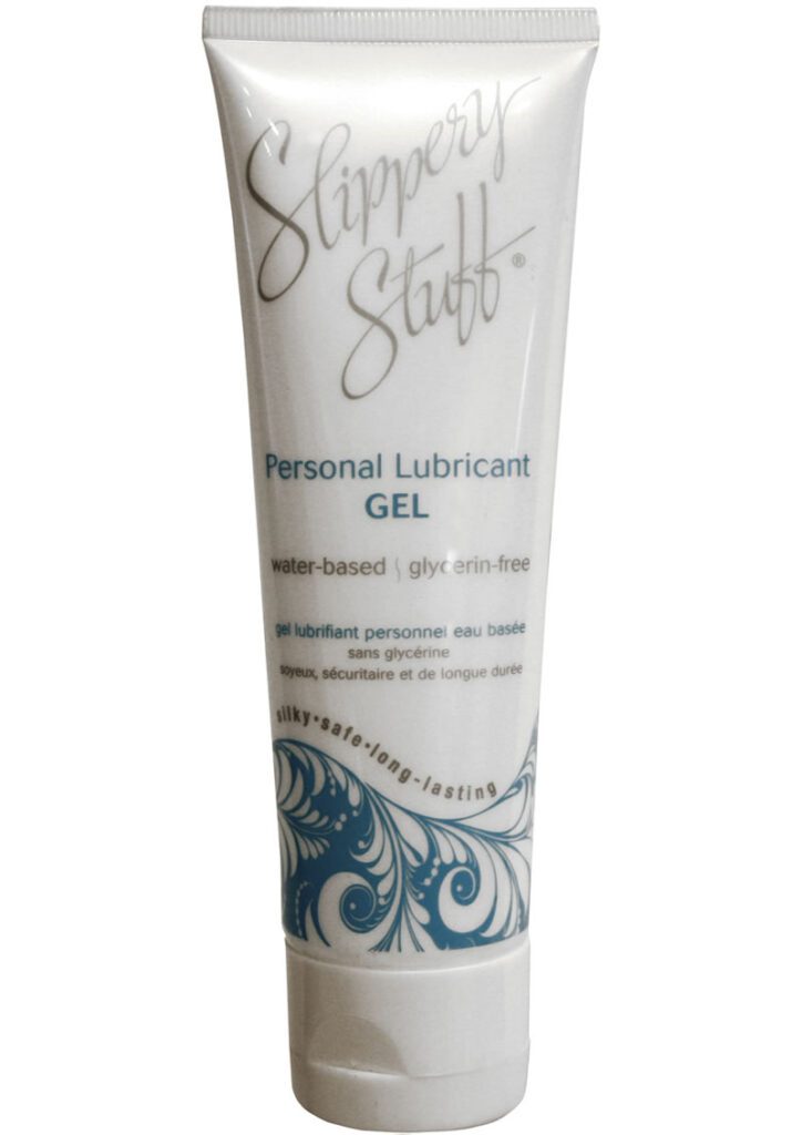 its thick squishy consistency makes it ideal for back door play. This lubricant contains no glycerin so it doesn`t get sticky and is less stringy than some other lubes. This also makes it a good choice for women who are prone to yeast infections! Slippery Stuff is sterile