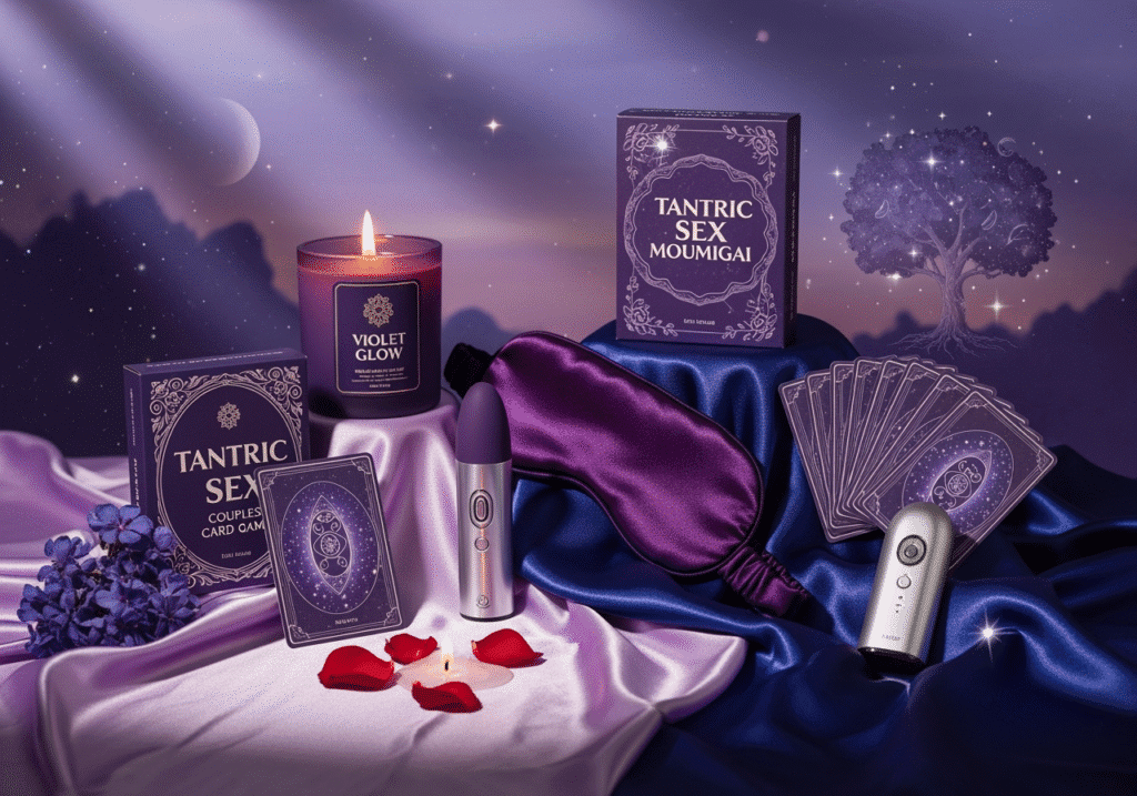 Moumigai Moon Ritual Set displayed under a starry night sky with a lit candle, mini vibrator, red blindfold, sensual massage oil, Tantric Sex Couples Card Game, and melting rose petals arranged on silky fabric.
