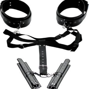 Your submissive lover wants to be even more vulnerable to your desires! Put them in this positioning harness to spread their legs open and keep their wrists trapped behind their back. Four points of adjustability allow you to customize the chest harness to your partners size. The elegant ankle and wrist cuffs are also fully adjustable with the buckles. This comfortable positioning aid can be used during foreplay or sex to pleasure your petandhellip; and yourself!Measurements: Back strap adjusts from 5 to 10 inches.Wrist cuffs adjust from 6 to 10 inches in circumference.Thigh cuffs adjust from 13 to 23 inches in circumference.Chest strap adjusts up to 45 inches in circumference. Material:andnbsp;Neoprene