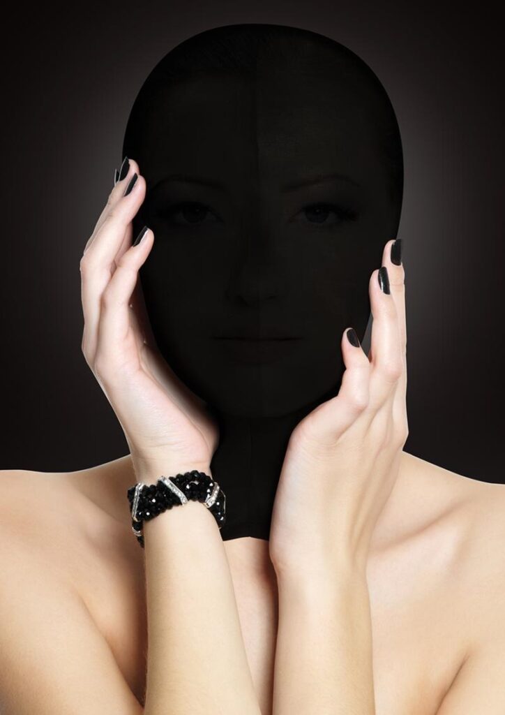 This comfortable Subjugation mask is designed to stretch completely over the head and closes easily at the back with a zipper. The fabric allows just a hint of light in while impairing vision and awakening  other senses. The shiny hood can be worn by him or her
