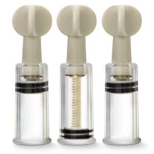Temptasia Clit and Nipple Twist Suckers bring engorgement and heightened sensitivity to your most sensitive areas. Each pocket-sized suction cylinder in this triple set is fully adjustable. Place the cylinder over your clit or nipple