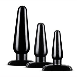 For anyone looking to explore new anal sensations alone or with a partner! Anal Adventures provides many anatomically targeted options to choose from. The Basic Plug Kit includes 3 graduated plugs for convenient anal training. Their tapered shapes are easy to and will help you size up comfortably. Dimensions: Small: 4 in. Medium: 4.75 in. Large: 6.5 in.