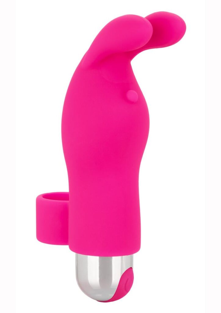 Soft and stretchy Silicone finger teaser with flickering ears  10 functions of vibration  Removable bullet for versatile fun  Easy push-button control  USB rechargeable  charging cord included  Complete charge in 2 hours  Runs 45 minutes on high speed and 60 minutes on low speed      Dimensions:  Sleeve:  3.25 x 1.25 in.  Stimulator:  3 x 0.75 in.  Package:  1.5 x 4.5 x 8.5 in.