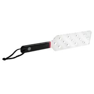The Saffron Acrylic Spanker features an impact surface with 13 die-cut holes that reduce air resistance for a faster swing and harder hits. The holes also make a unique impression on the skin