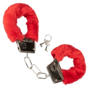 Metal faux fur covered handcuffs with safety release. Soft and comfortable removable faux fur. 2 keys included.