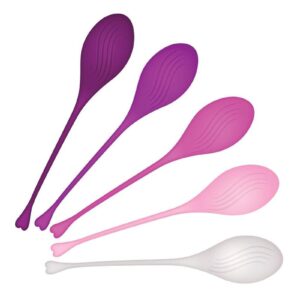 Give your orgasms a powerful boost by training your kegel muscles!This elegant 5-piece colorful kit features individually weighted kegel balls that slip inside with ease as you tighten around them.Feel the extraordinary sensation as you walk around with your erotic secret and slowly graduate to heavier balls as you feel comfortable. Kegel balls work by strengthening your pelvic floor muscles to tone you up for better sex
