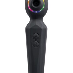 Experience a unique pleasure combination with this dual function wand that vibrates powerfully and sucks gently. Two independently-operated motors deliver 8 speeds of strong wand vibration and 5 speeds of tantalizing suction andndash; together or separately depending on your desire. The textured handle and easy to use 2-button control panel lets your hand relax so you can focus on the intense sensations that send you right over the edge! Rechargeable