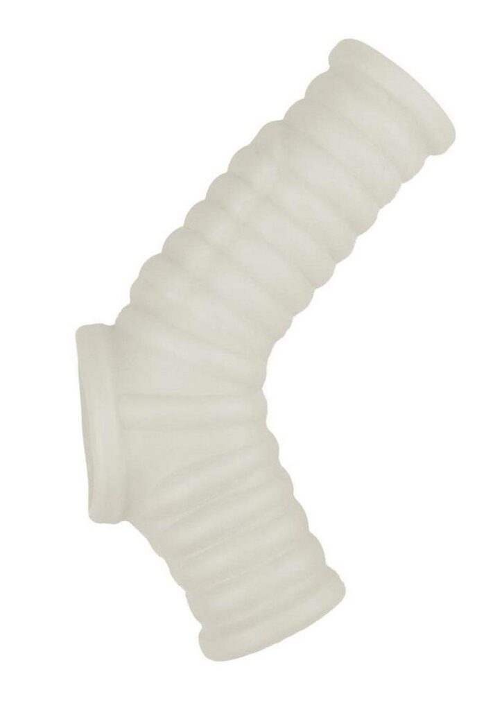 Looking for an extra assist in the bedroom? Let the Vibrating Ribbed Fit Power Sleeve add an extra 45% in girth while gently cradling your erection and pushing it forward.andnbsp;The super soft and stretchy material has a natural skin-soft feel with ribbed texture detailing for extra stimulation for the receiving partner. Each thrust will deliver extra stimulating ribbed texture that will drive your partner wild! This one-size-fits-most penis extender is sure to make you the ultimate pleaser in the bedroom. Send Your partner soaring to further heights of ecstasy